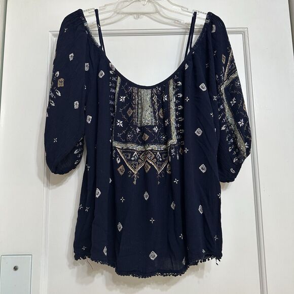 Ecote Blouse, Bohemian, Navy Blue, Off the Shoulder, Flowy, Medium - Picture 6 of 11